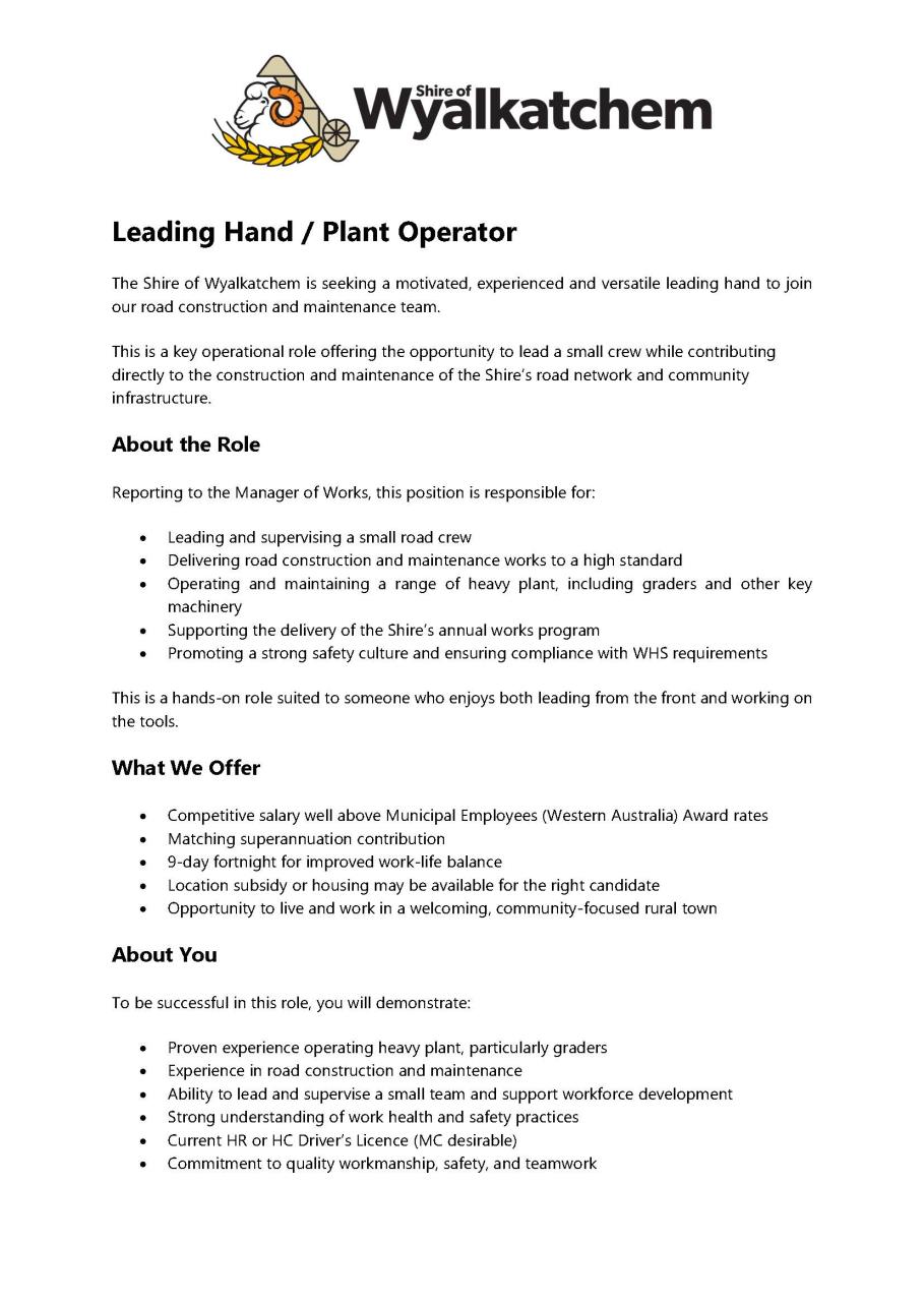 Employment Opportunity - Leading Hand/ Plant Operator